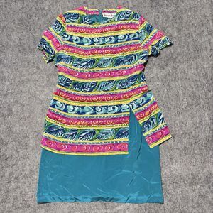 Vintage 90s Victoria Holley 100% Silk Dress Set 12P Abstract Tropical Tunic M